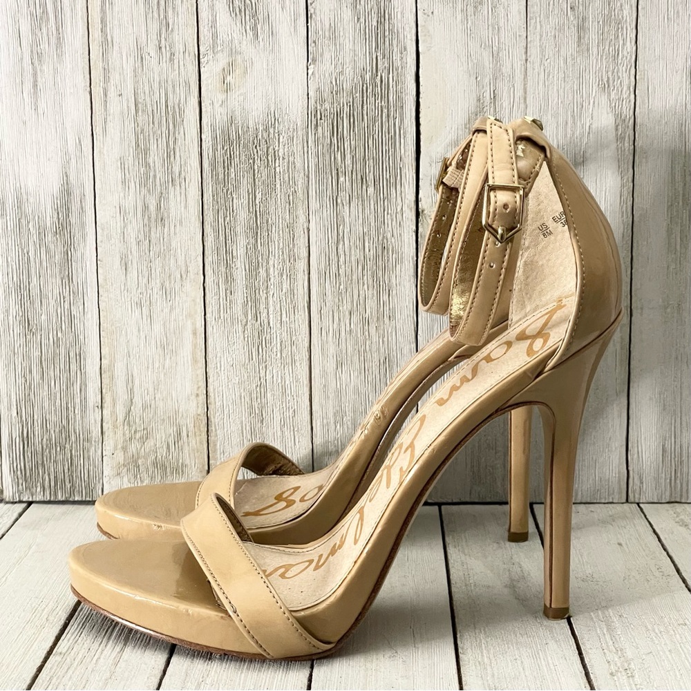 SAM EDELMAN Eleanor Nude Patent Leather Ankle Strap Sandals High Heels